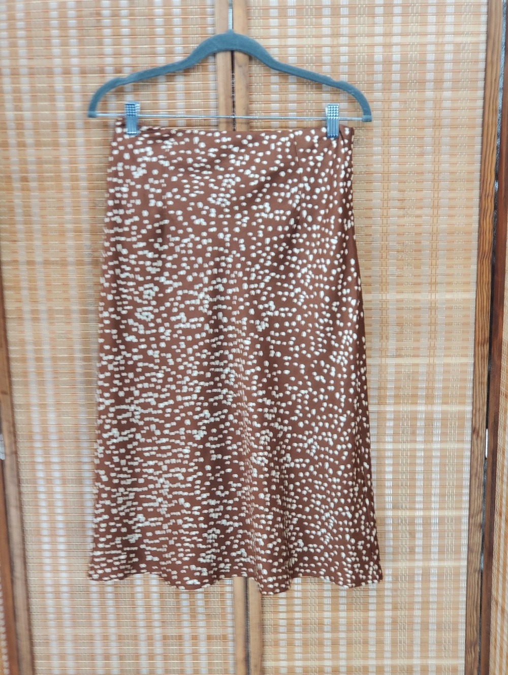 ♤ Polly Satin Polka Dot Print Midi Slip Skirt Size 6 Brown and Cream